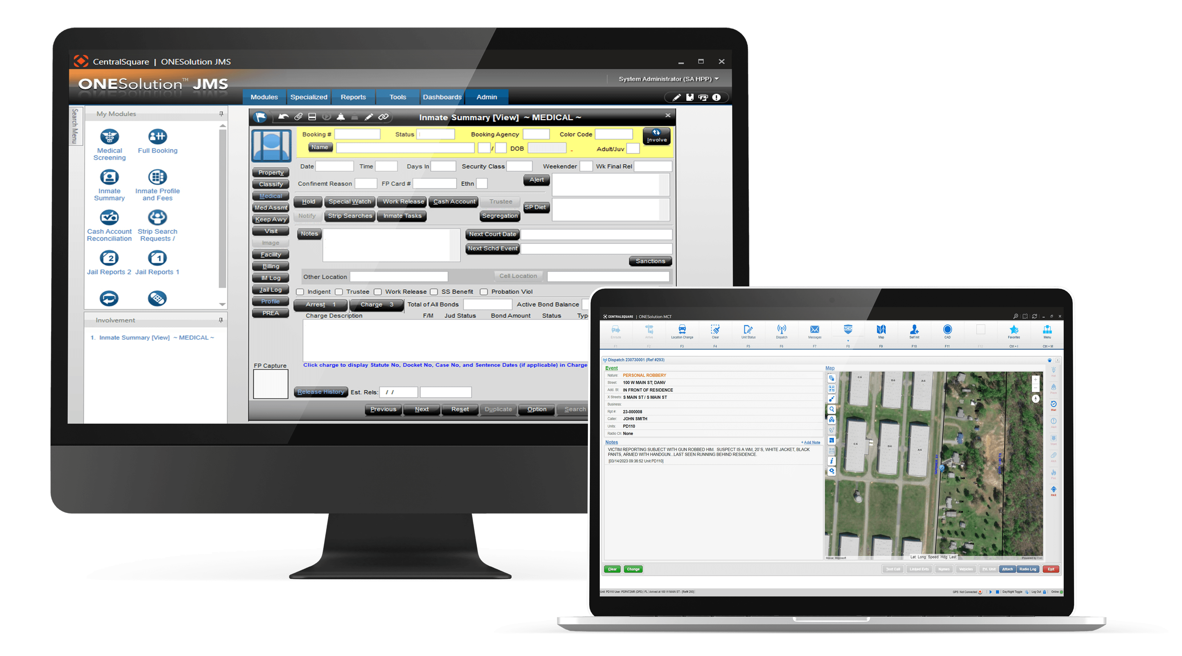 A screenshot of two computers running CentralSquare's ONESolution suite of public safety software.