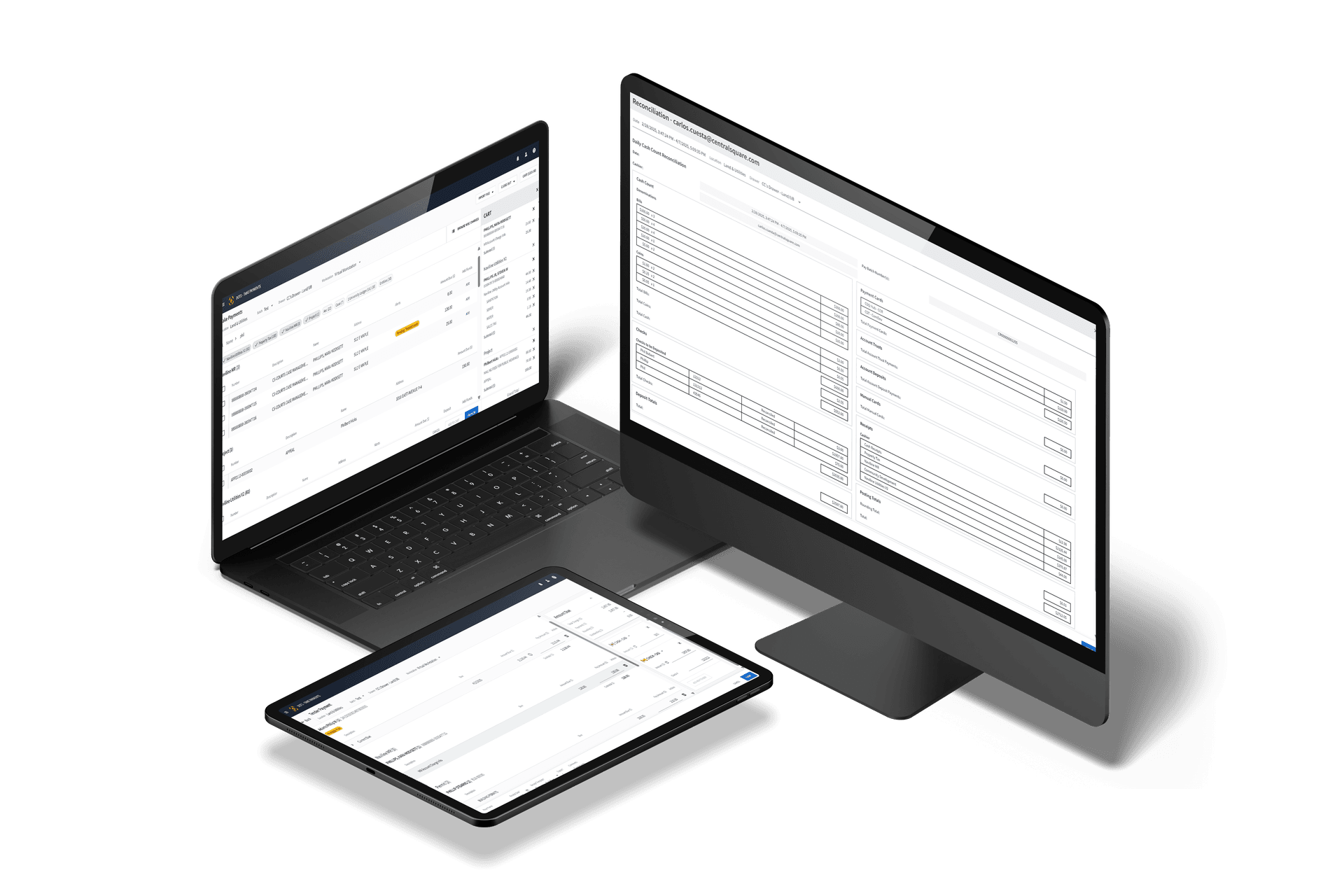 CentralSquare Cash Receipts payments and transactions mockups on desktop, iPad, and laptop