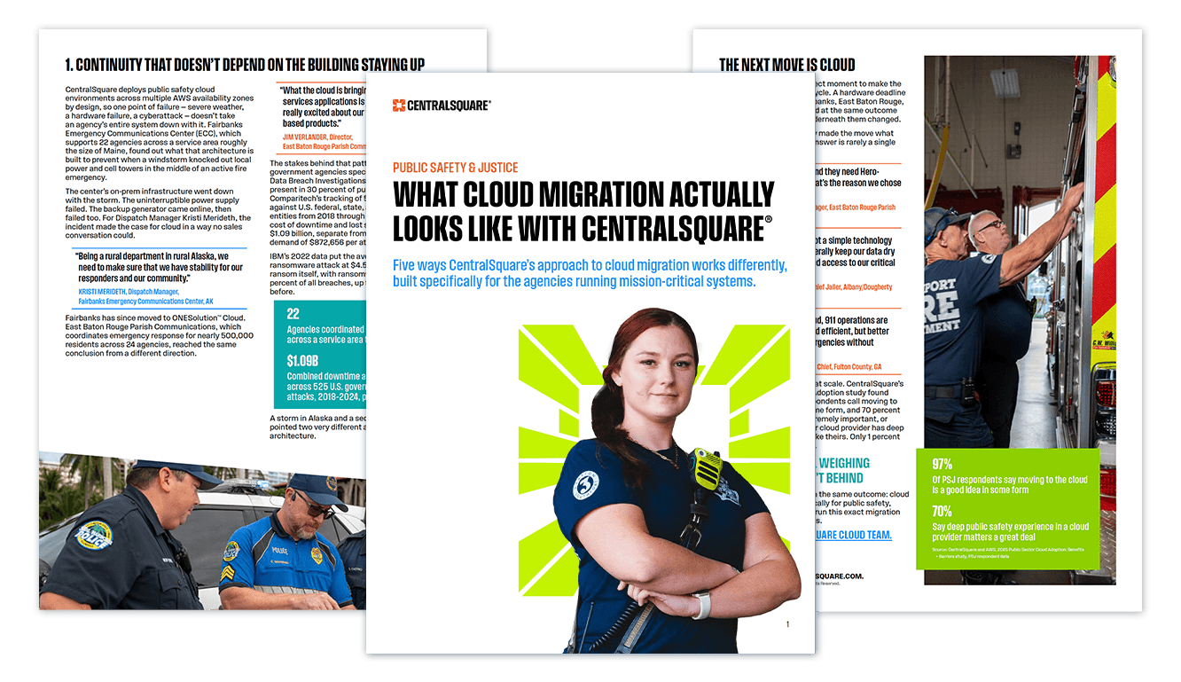 Three-page preview of the public safety and justice report What Cloud Migration Actually Looks Like with CentralSquare