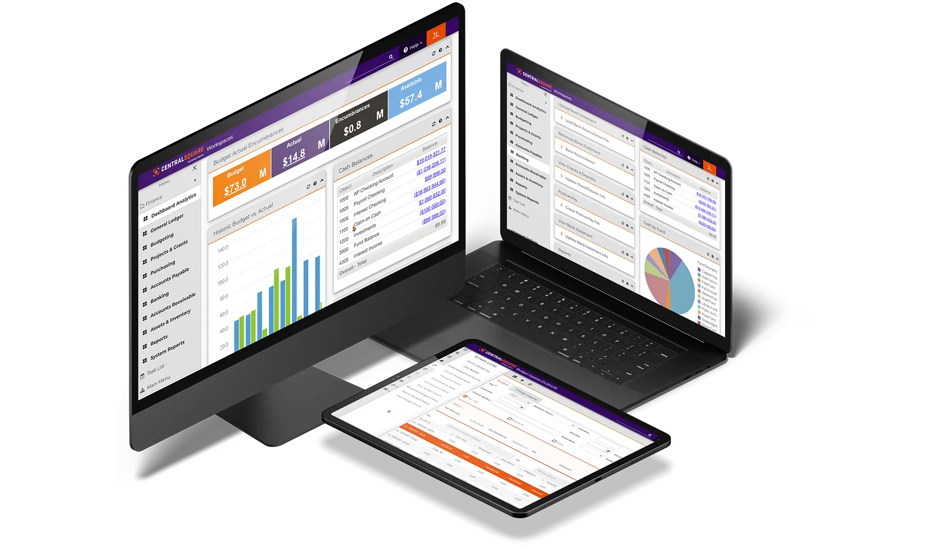 A desktop, laptop and tablet all display different views of the CentralSquare Finance Enterprise solutions.