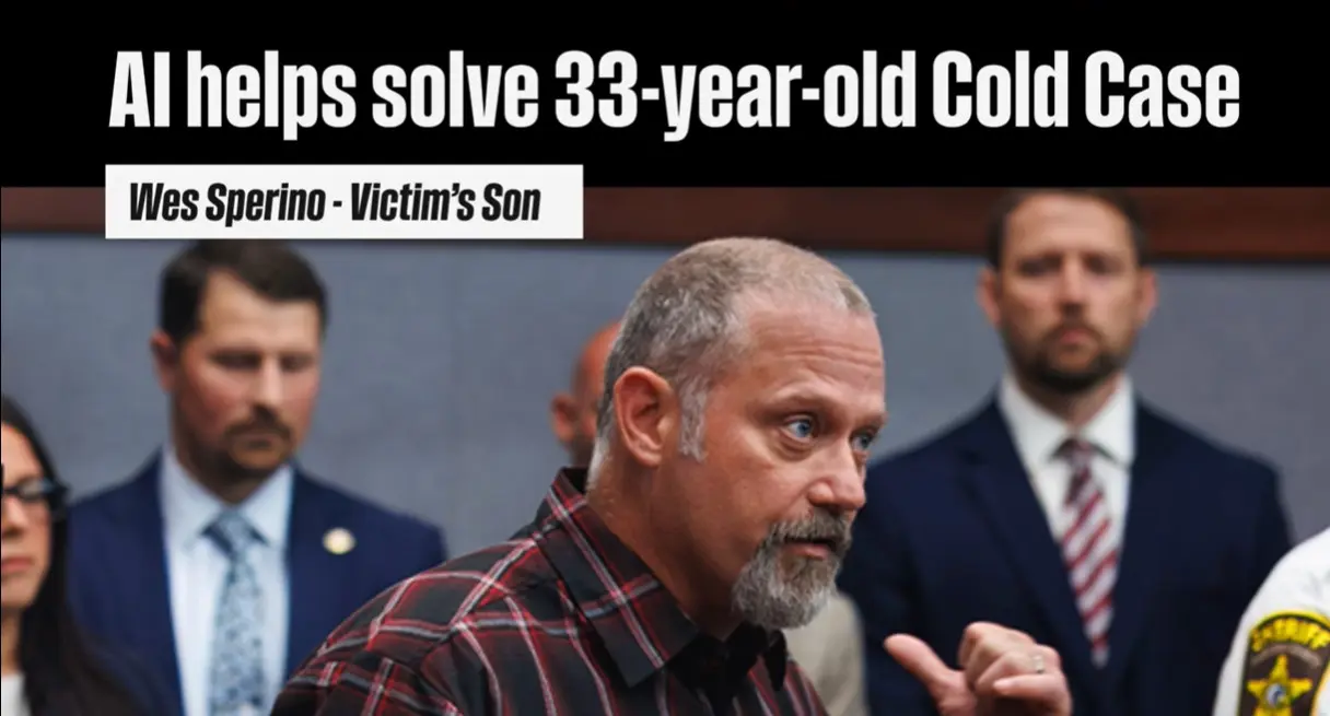 News clip showing Wes Sperino, victim's son, at a press conference where AI helped solve a 33-year-old cold case