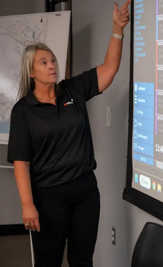 A woman pointing upwards on a projector.